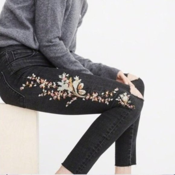 Abercrombie & Fitch Pants - Abercrombie & Fitch Simone High Rise Ankle Embroidery Distressed Black Jeans 29